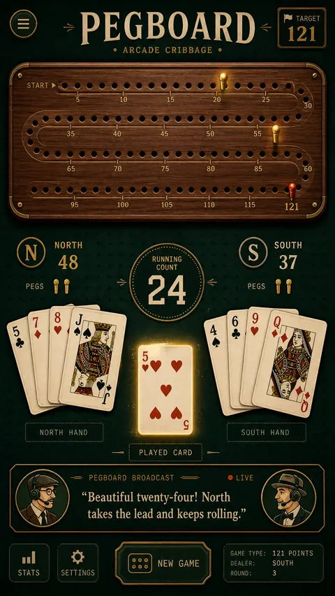 Concept mockup of the live match screen: a wooden pegboard, both players' hands, a running-count badge, and a commentary caption bar.