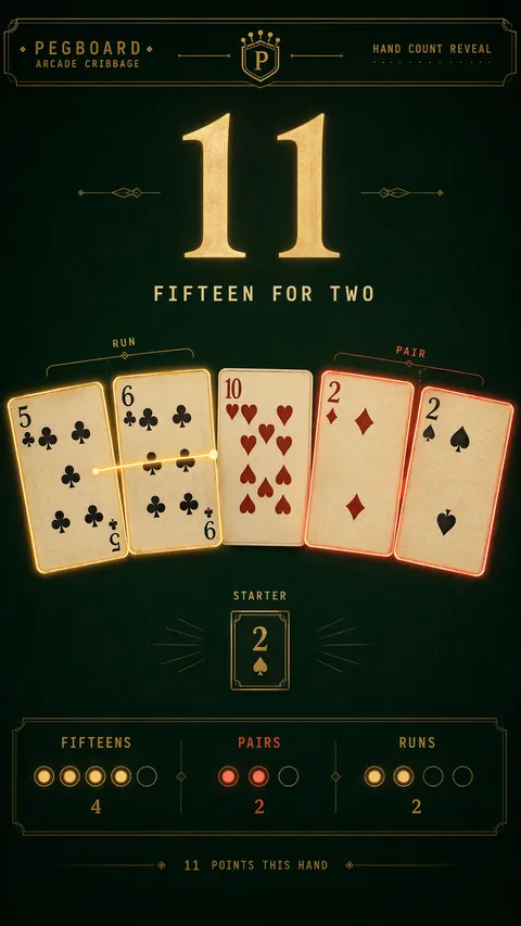 Concept mockup of the hand-count reveal screen, showing a scored run and pair highlighted across five cards with a running point total.