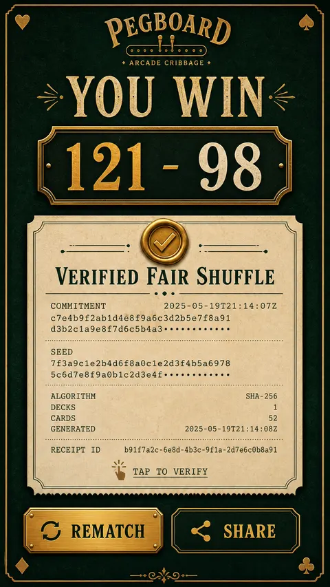 Concept mockup of the post-match fairness receipt screen, showing the final score and a verified fair shuffle ledger with commitment and seed values.